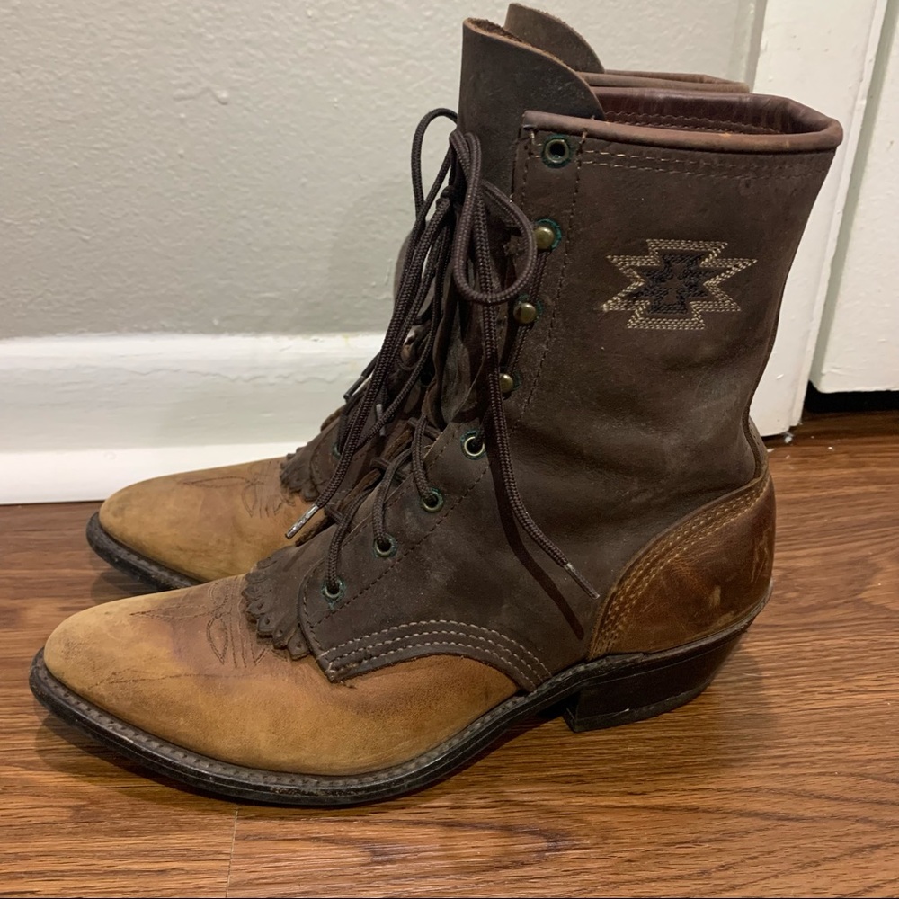 Abilene Vintage Work Logger Boots Kilted Embroidered Leather 8.5